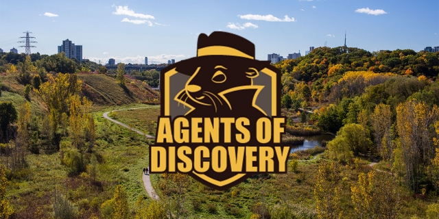 Agents of Discovery logo overlaid on an image of the Quarry Garden and Evergreen Brick Works. Image: Geoff Fitzgerald
