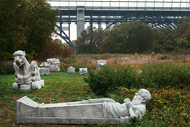 Duane Linklater, Monsters for Beauty, Permanence and Individuality, 2017, 14 cast concrete sculptures. Installation in the Don River Valley Park. Photo: Yuula Benivolski. 